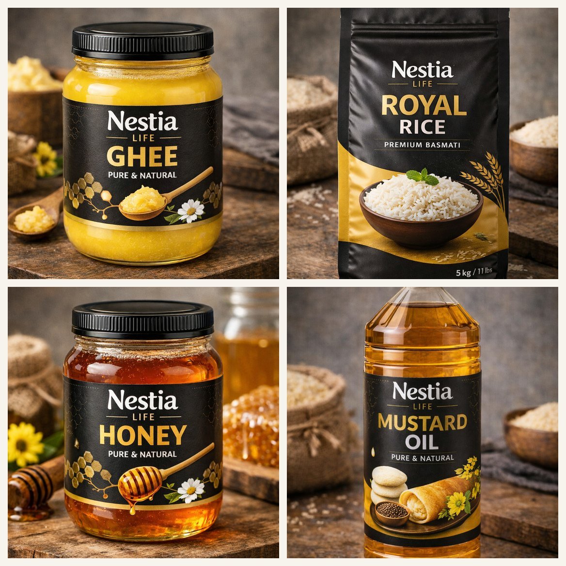 Nestia Life range — pure ghee, royal rice, honey and kachi ghani mustard oil